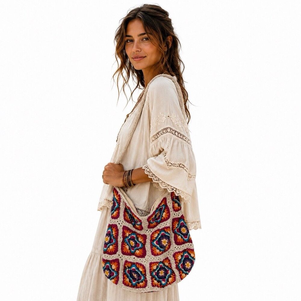 Free People Catch Me Crochet Hobo Crossbody Shoulder Bag Boho Chic Floral 16x15